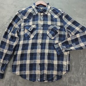 Frye Men's Jacquard Flannel Button Shirt Deep Night Sky Blue M Country Western